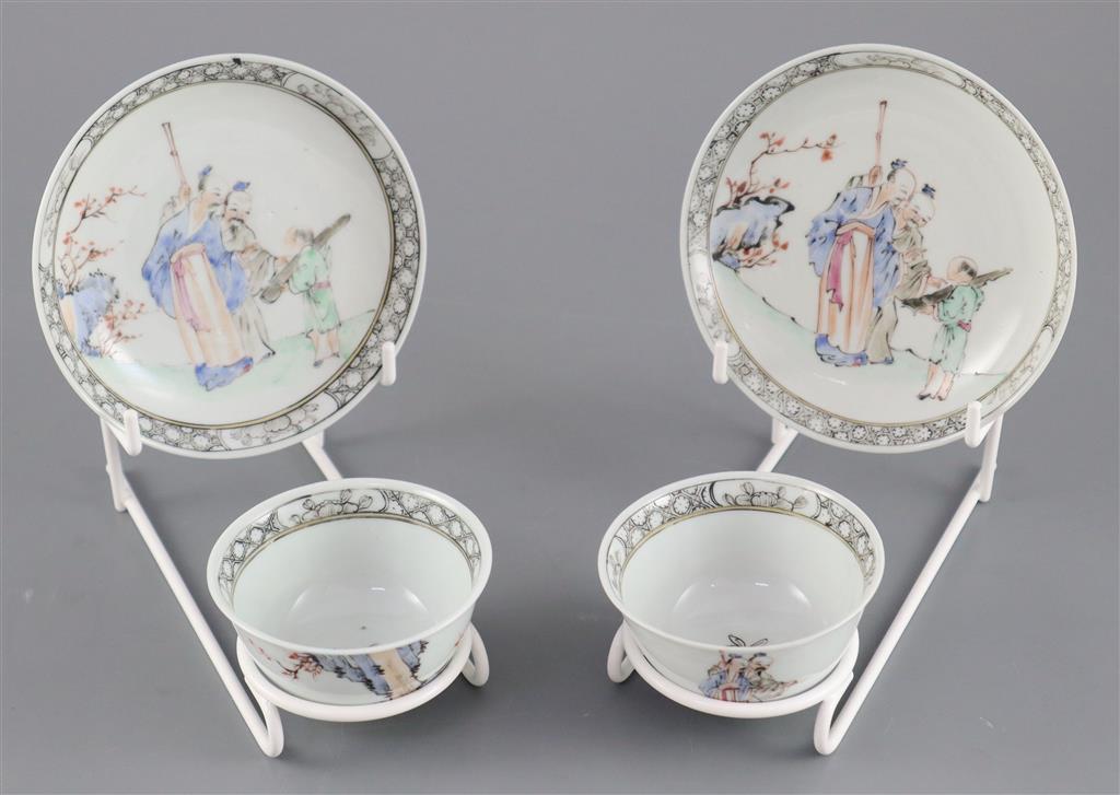 A pair of Chinese famille rose 'sages tea bowls and saucers, Qianlong period, saucers 11.7cm diameter